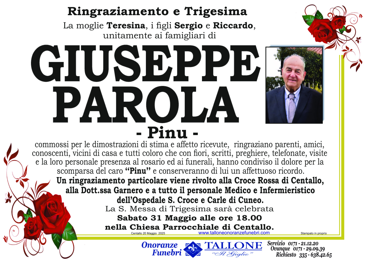 <br />
<b>Warning</b>:  Undefined variable $info in <b>/home/tallone/public_html/ringraziamenti.php</b> on line <b>68</b><br />
Giuseppe Parola